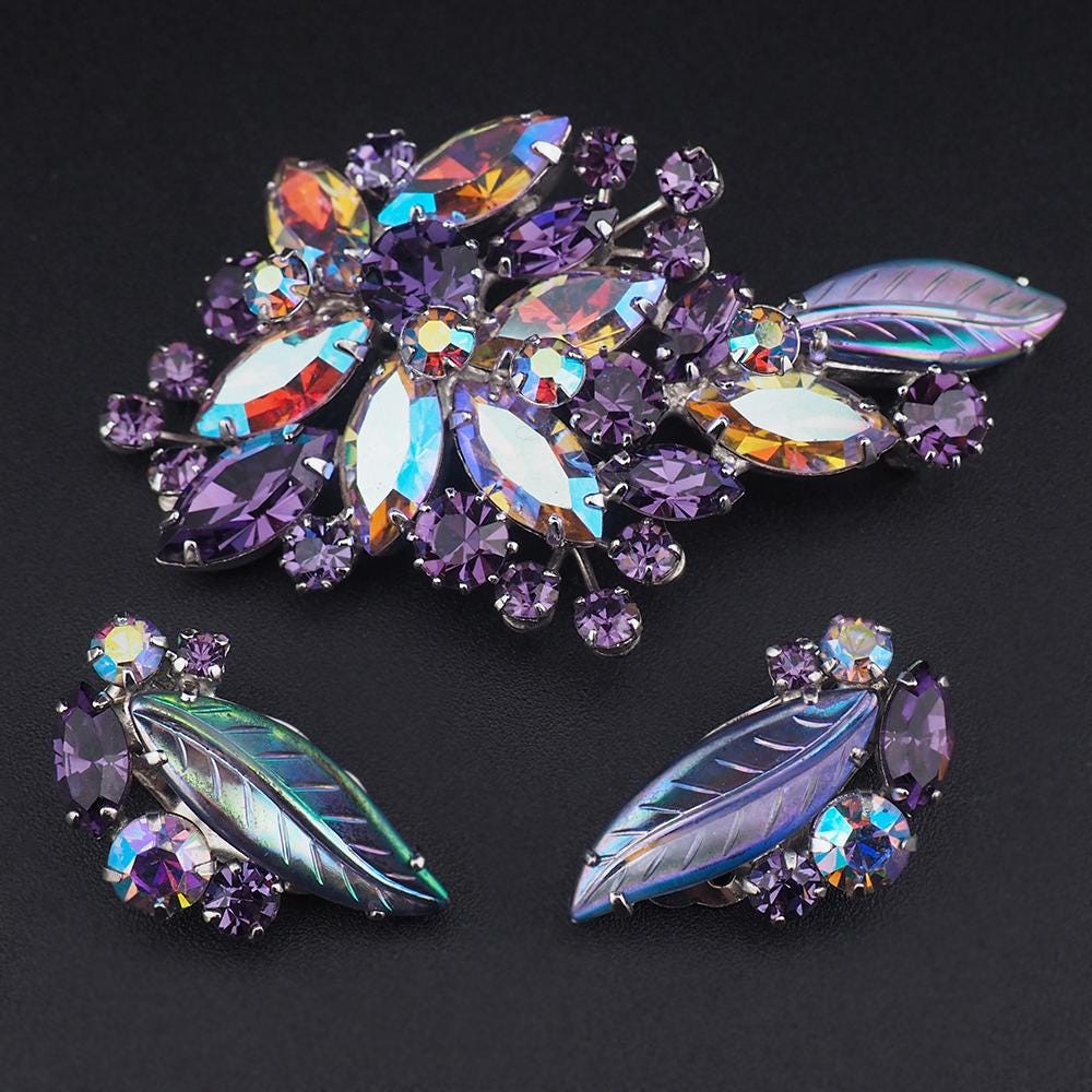 Vintage Sherman Brooch Set, Sherman Rhinestone Brooch Earrings, Sherman Purple Brooch, Molded Glass Leaf Brooch, Mid Century Jewelry Set