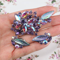 Vintage Sherman Brooch Set, Sherman Rhinestone Brooch Earrings, Sherman Purple Brooch, Molded Glass Leaf Brooch, Mid Century Jewelry Set