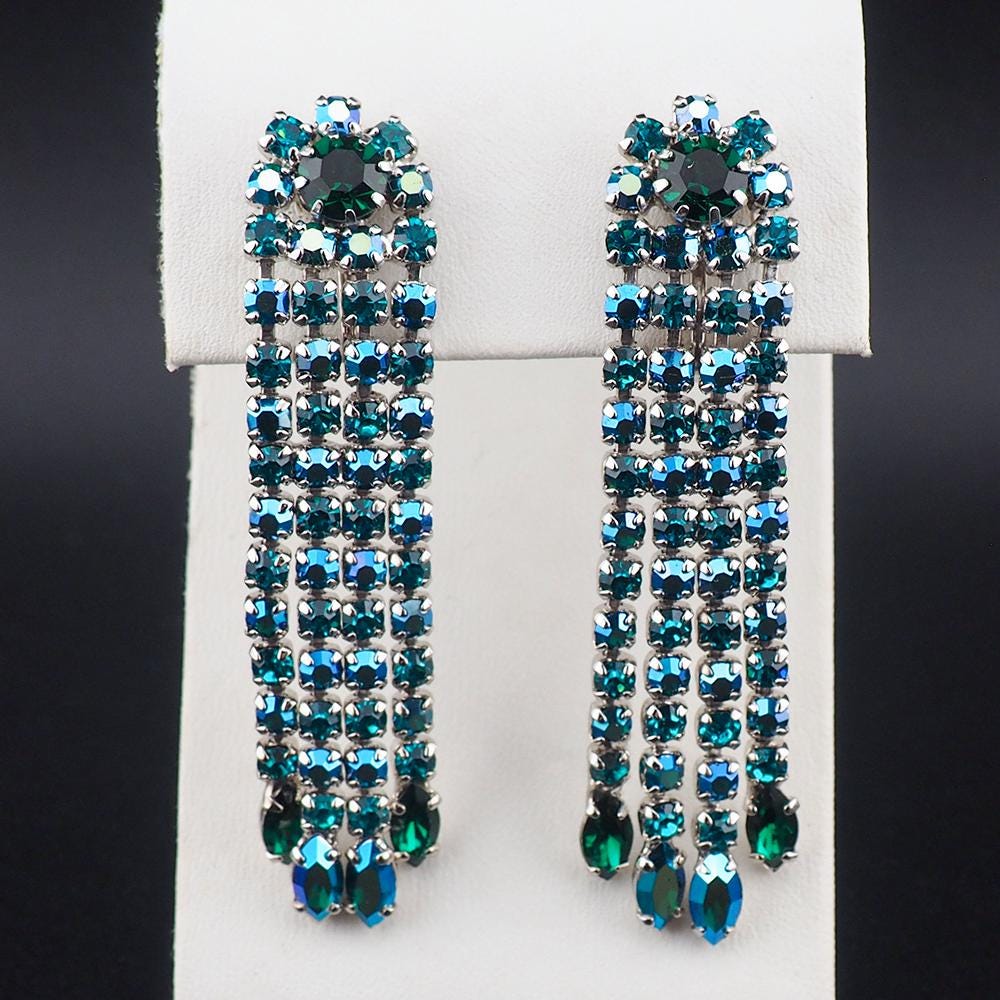 Vintage Sherman Earrings, Clip On Earrings, Chandelier Earrings, Vintage Rhinestone Earrings, Teal Green Earrings, Long Sherman Earrings