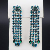 Vintage Sherman Earrings, Clip On Earrings, Chandelier Earrings, Vintage Rhinestone Earrings, Teal Green Earrings, Long Sherman Earrings