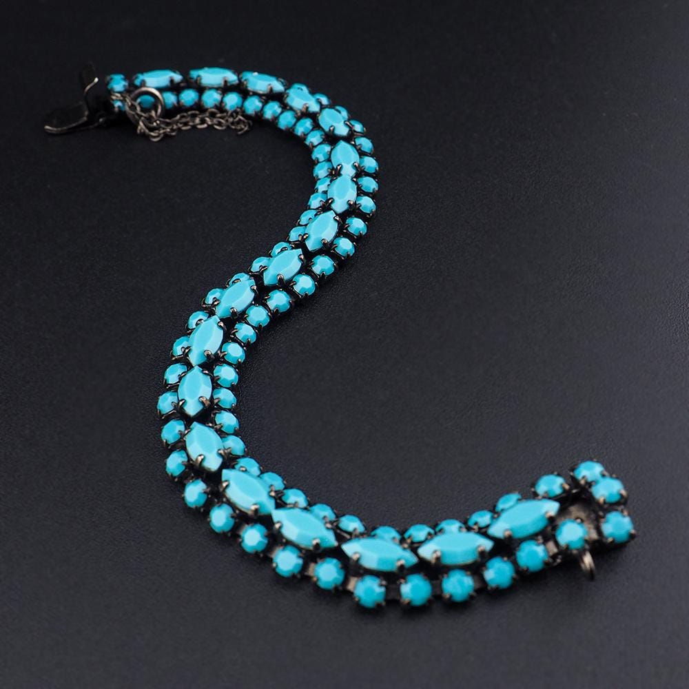 Vintage Sherman Opaque Turquoise Bracelet, Sherman Rhinestone Bracelet, Bridal Bracelet, Vintage Rhinestone Bracelet, Japanned Bracelet