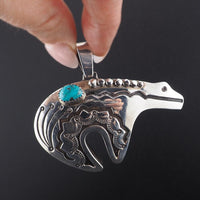 Vintage Native American Bear Pendant, Large Pendant, Sterling Silver Pendant, Turquoise Pendant, Southwestern Pendant, Animal Pendant,
