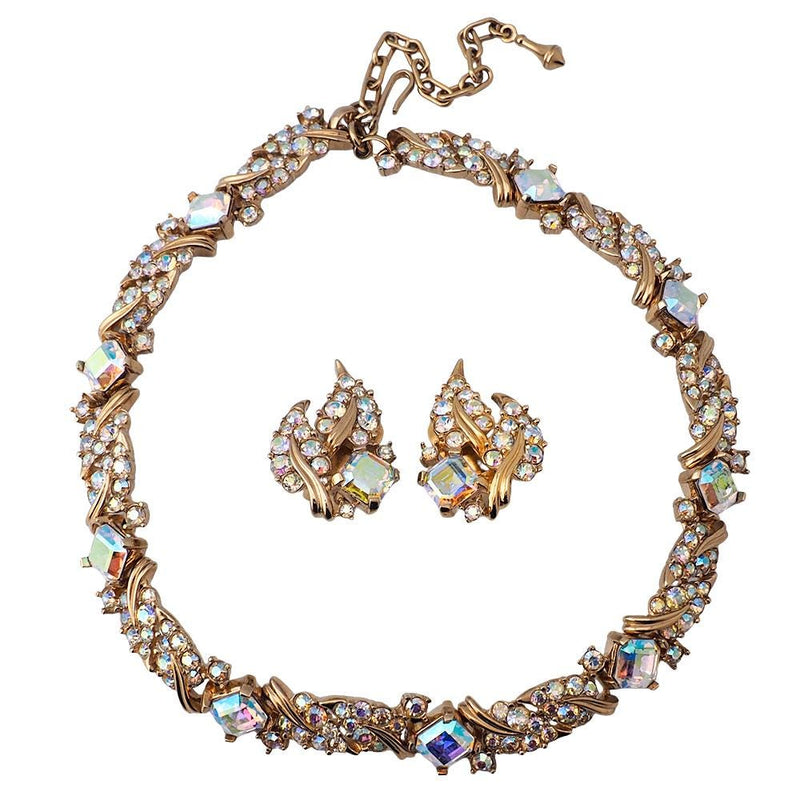 Boucher Aurora Borealis Necklace And Earrings Set, Vintage Rhinestone Necklace, Marcel Boucher, Vintage Rhinestone Set, Bridal Necklace Set
