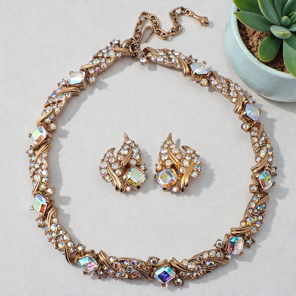 Boucher Aurora Borealis Necklace And Earrings Set, Vintage Rhinestone Necklace, Marcel Boucher, Vintage Rhinestone Set, Bridal Necklace Set