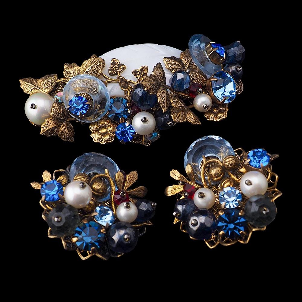 Vintage Glass Beaded Brooch Set, Glass Disk Brooch, Layered Brass Filigree Brooch, Mid Century Statement Set, Wired Bead Brooch, Blue Brooch