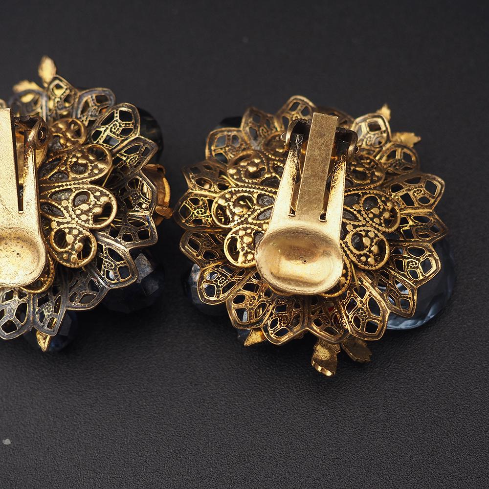 Vintage Glass Beaded Brooch Set, Glass Disk Brooch, Layered Brass Filigree Brooch, Mid Century Statement Set, Wired Bead Brooch, Blue Brooch