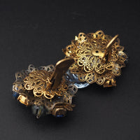 Vintage Glass Beaded Brooch Set, Glass Disk Brooch, Layered Brass Filigree Brooch, Mid Century Statement Set, Wired Bead Brooch, Blue Brooch