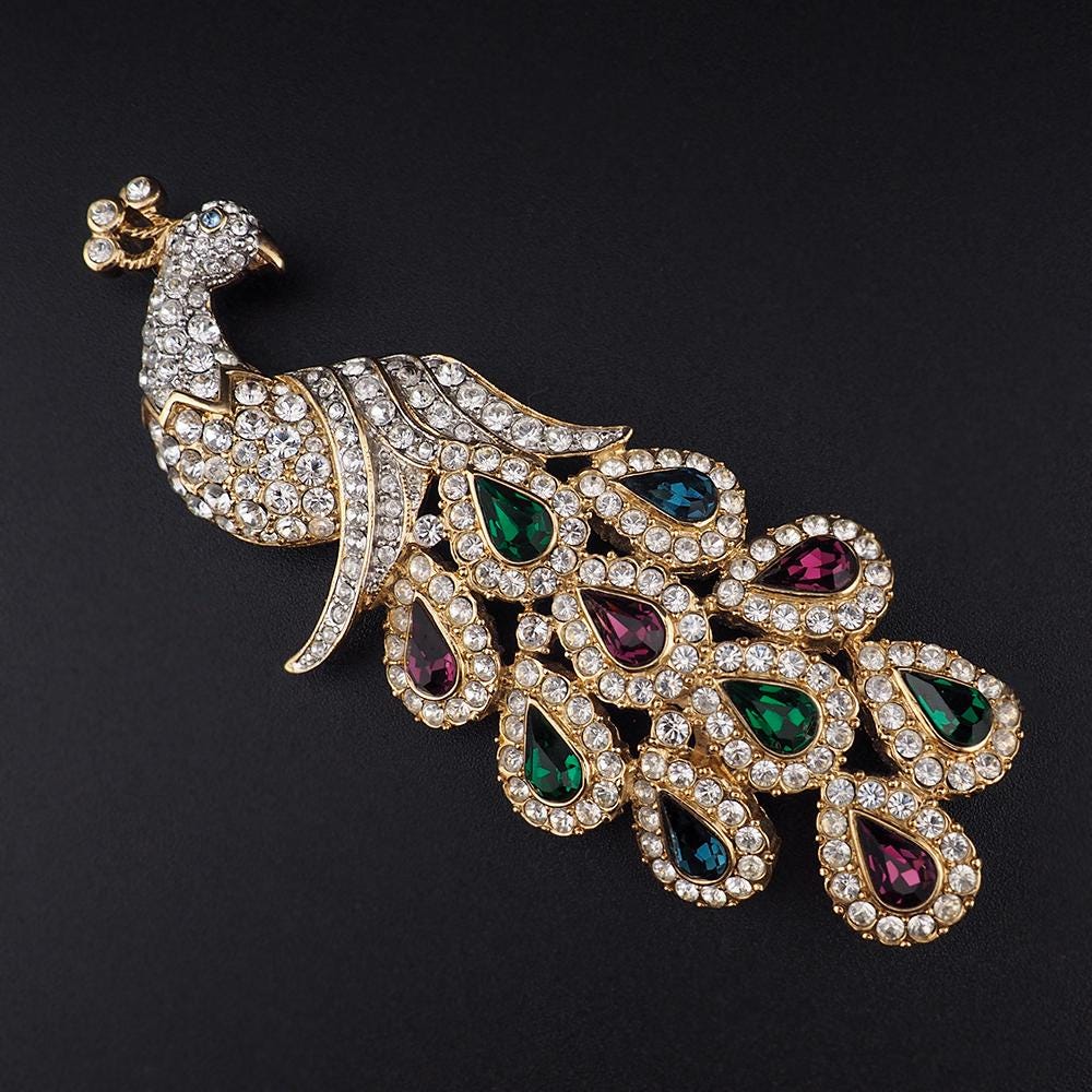 Nolan Miller Peacock Brooch, Nolan Miller Jewelry, Rhinestone Brooch, Bird Brooch, Figural Brooch, Animal Brooch, Rhinestone Pin