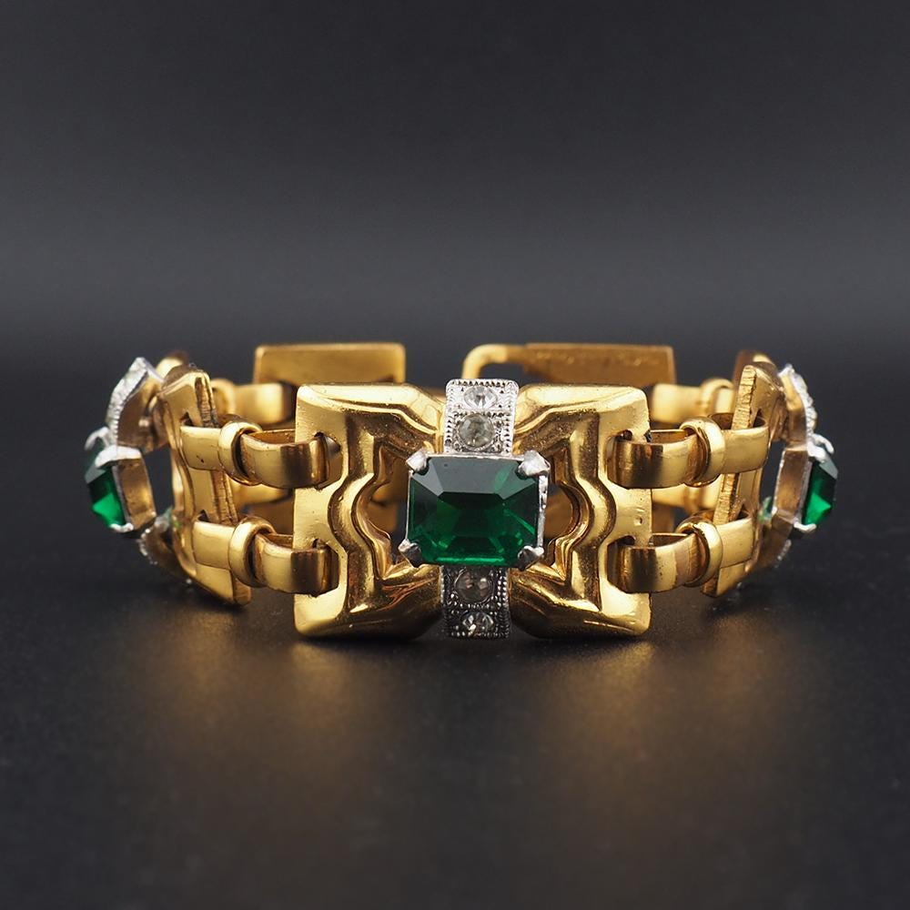 Signed McClelland Barclay Bracelet, Art Deco Bracelet, Green Stone Bracelet, Vintage Gold Tone Bracelet, Retro Bracelet, Designer Bracelet