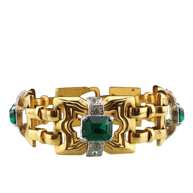 Signed McClelland Barclay Bracelet, Art Deco Bracelet, Green Stone Bracelet, Vintage Gold Tone Bracelet, Retro Bracelet, Designer Bracelet