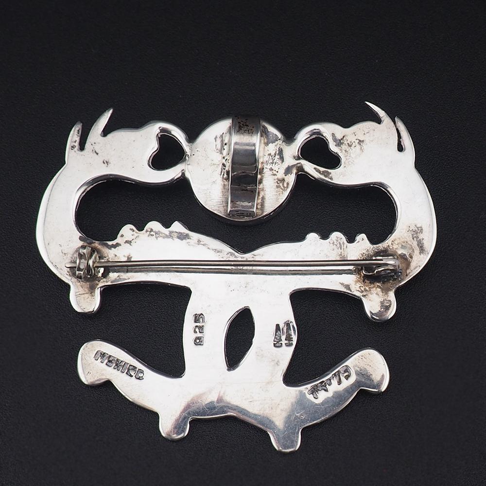 Mexican Sterling Silver Brooch Pendant, Double Serpent Brooch, Snake Brooch, Vintage Mexico Jewelry, Modernist Brooch, Enamel Brooch Pendant