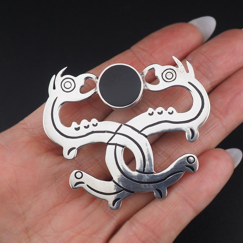 Mexican Sterling Silver Brooch Pendant, Double Serpent Brooch, Snake Brooch, Vintage Mexico Jewelry, Modernist Brooch, Enamel Brooch Pendant