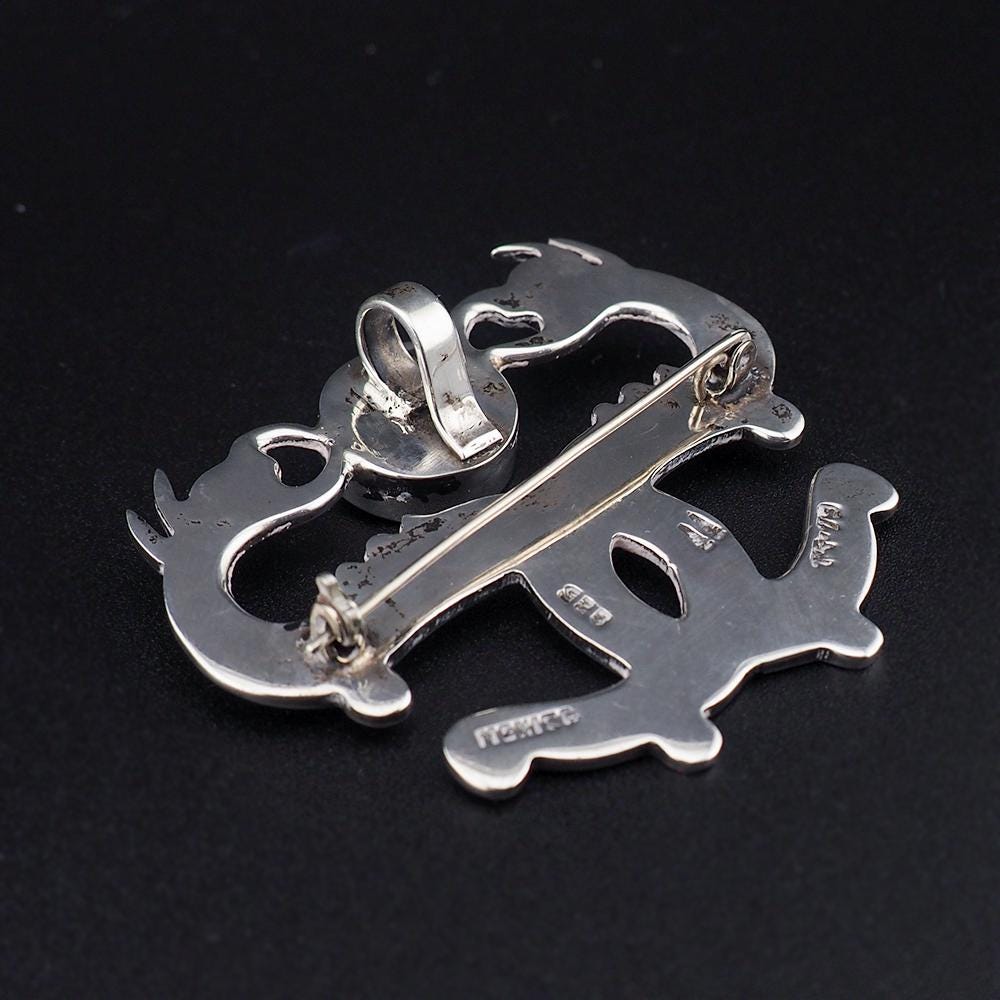 Mexican Sterling Silver Brooch Pendant, Double Serpent Brooch, Snake Brooch, Vintage Mexico Jewelry, Modernist Brooch, Enamel Brooch Pendant