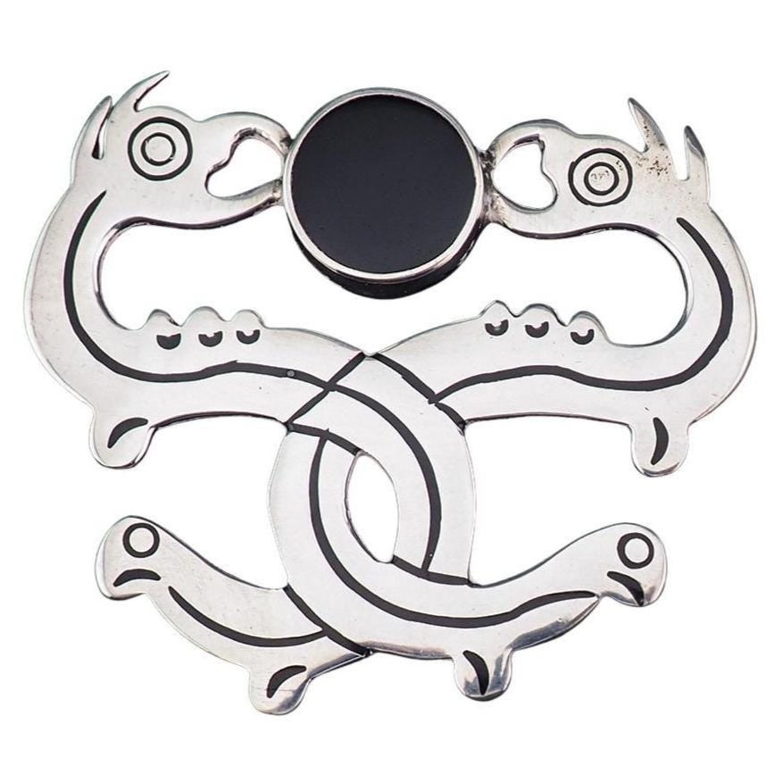 Mexican Sterling Silver Brooch Pendant, Double Serpent Brooch, Snake Brooch, Vintage Mexico Jewelry, Modernist Brooch, Enamel Brooch Pendant