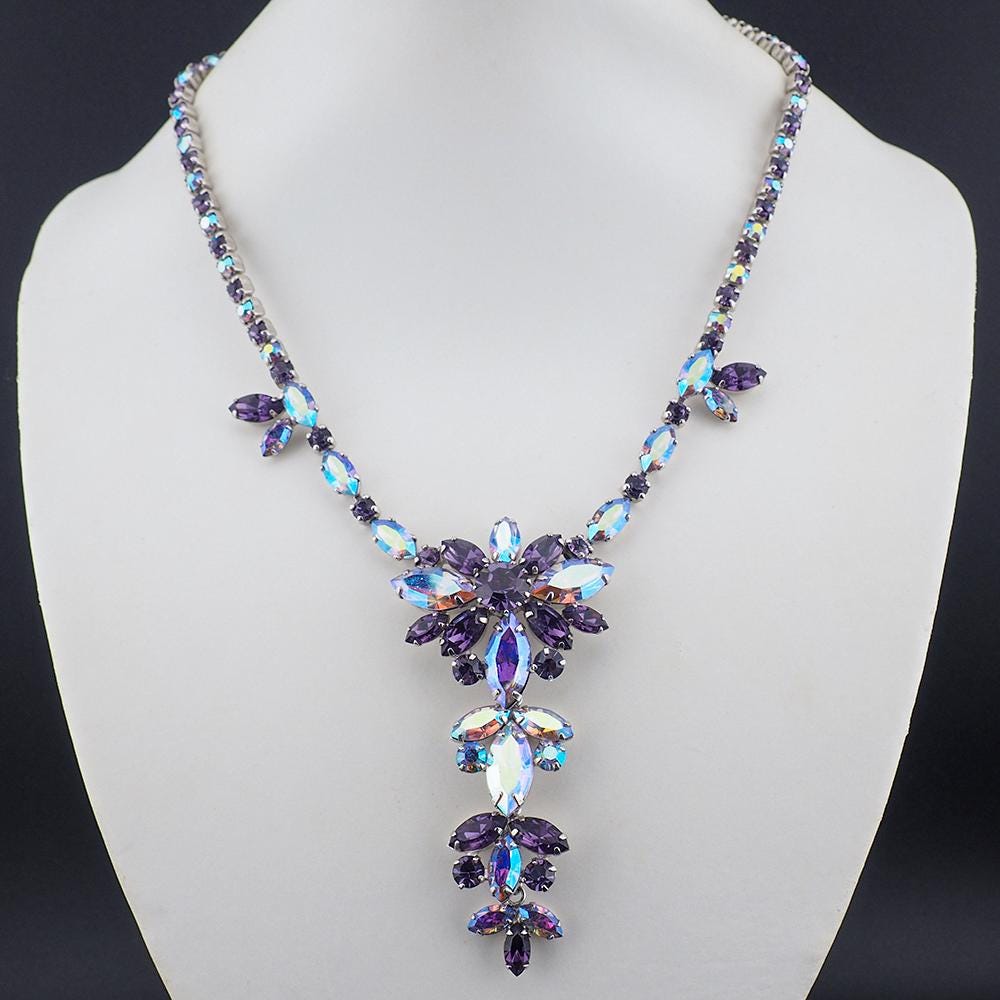 Vintage Sherman Purple Necklace and Earrings Set, Swarovski Aurora Borealis Crystals