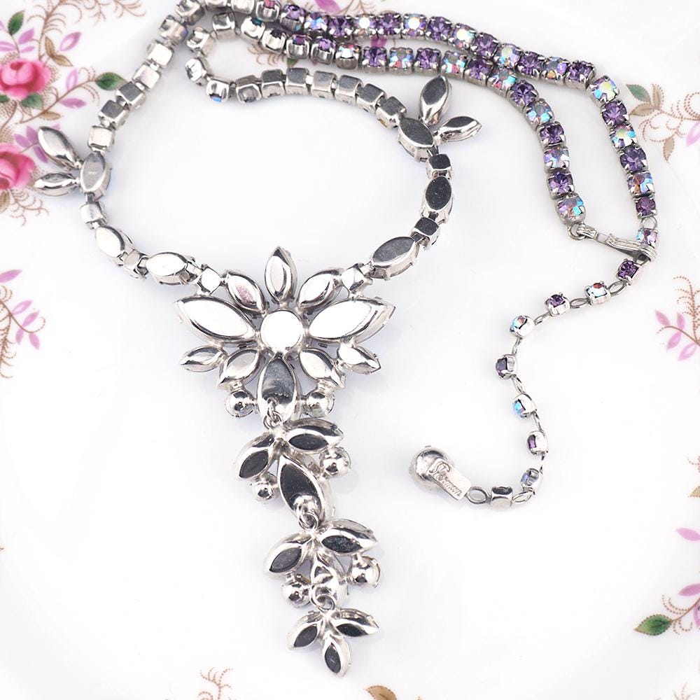 Vintage Sherman Purple Necklace and Earrings Set, Swarovski Aurora Borealis Crystals