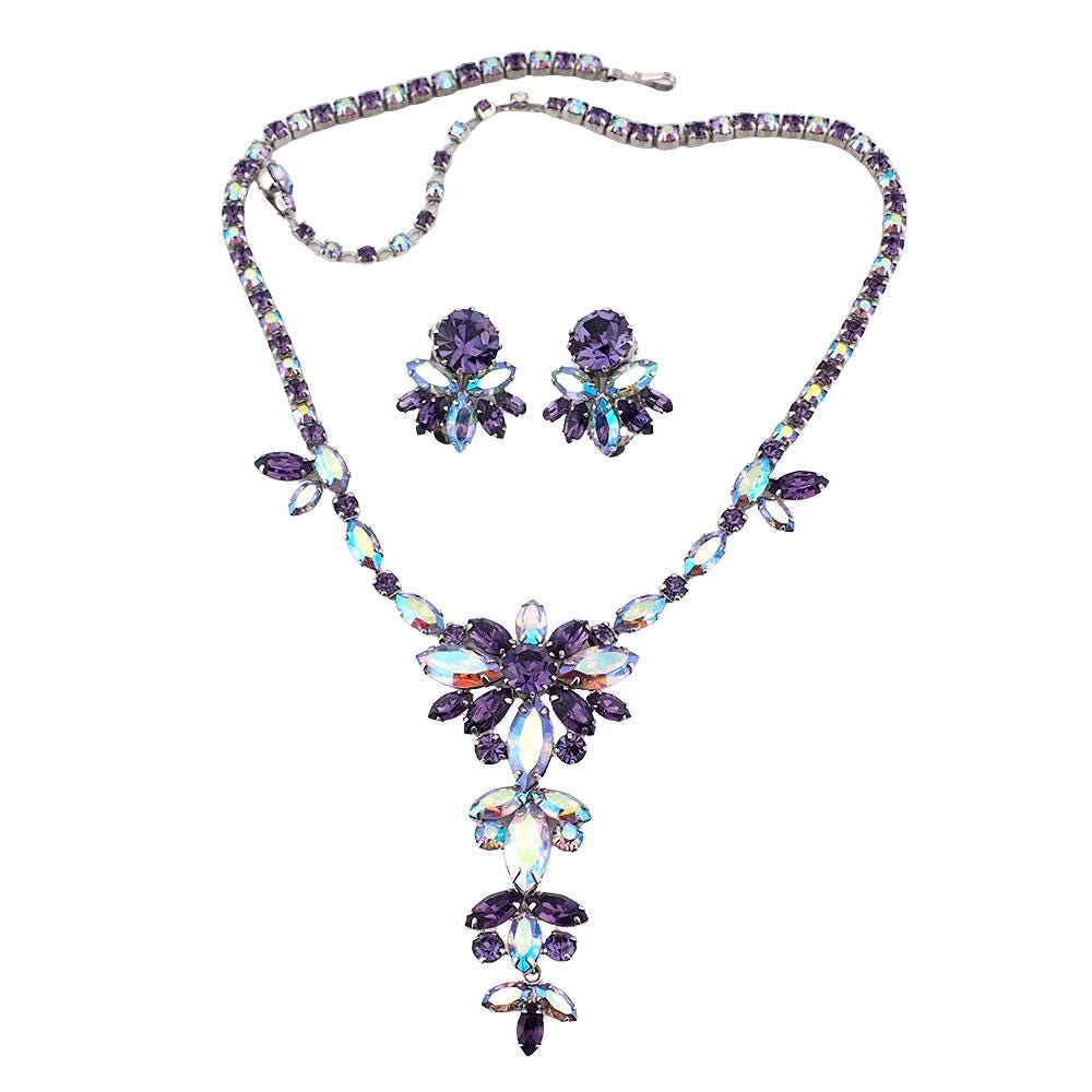 Vintage Sherman Purple Necklace and Earrings Set, Swarovski Aurora Borealis Crystals