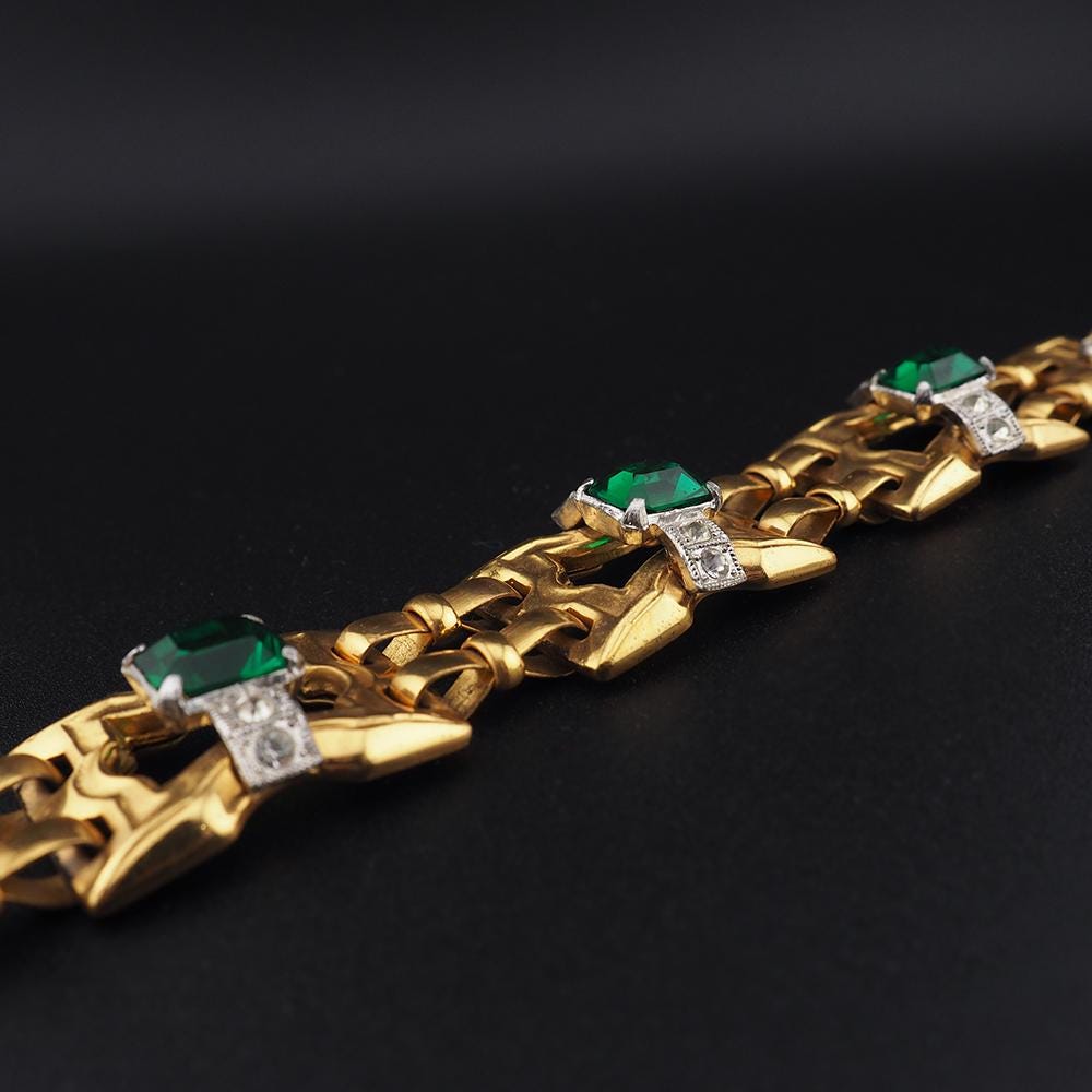 Signed McClelland Barclay Bracelet, Art Deco Bracelet, Green Stone Bracelet, Vintage Gold Tone Bracelet, Retro Bracelet, Designer Bracelet