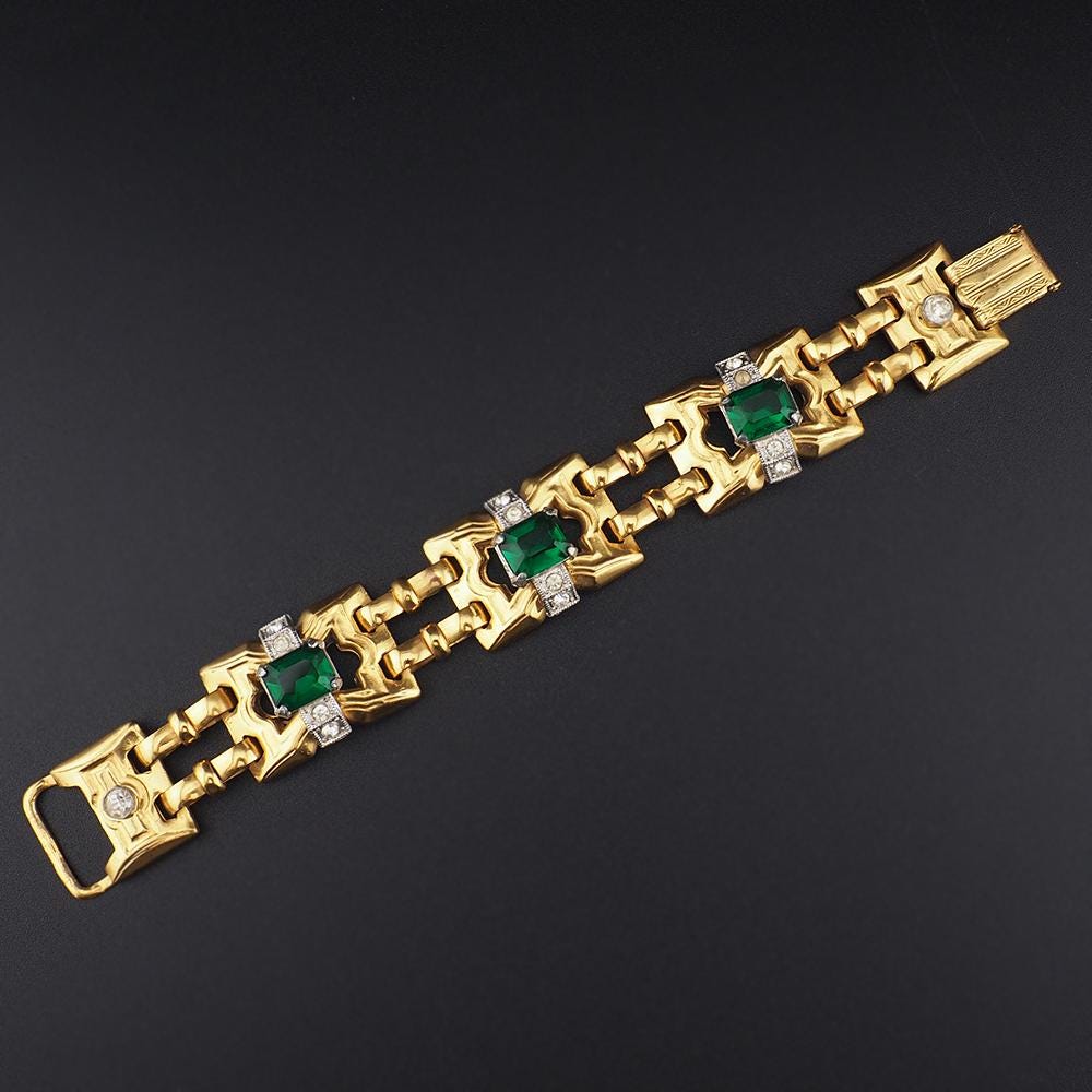 Signed McClelland Barclay Bracelet, Art Deco Bracelet, Green Stone Bracelet, Vintage Gold Tone Bracelet, Retro Bracelet, Designer Bracelet