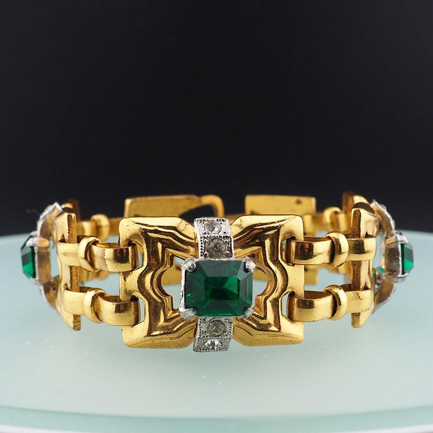 Signed McClelland Barclay Bracelet, Art Deco Bracelet, Green Stone Bracelet, Vintage Gold Tone Bracelet, Retro Bracelet, Designer Bracelet