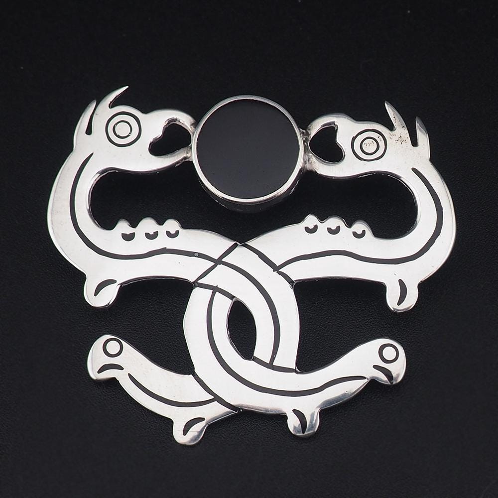Mexican Sterling Silver Brooch Pendant, Double Serpent Brooch, Snake Brooch, Vintage Mexico Jewelry, Modernist Brooch, Enamel Brooch Pendant
