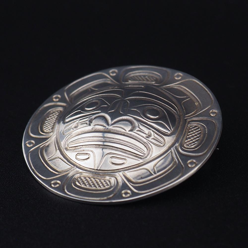 Northwest Coast Sterling Silver Brooch Pendant, Moon Face Design, Canadian First Nations Jewelry, Large Pendant, Artist Signed