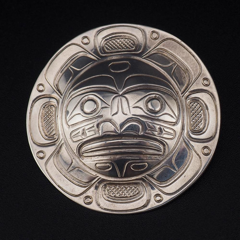 Northwest Coast Sterling Silver Brooch Pendant, Moon Face Design, Canadian First Nations Jewelry, Large Pendant, Artist Signed