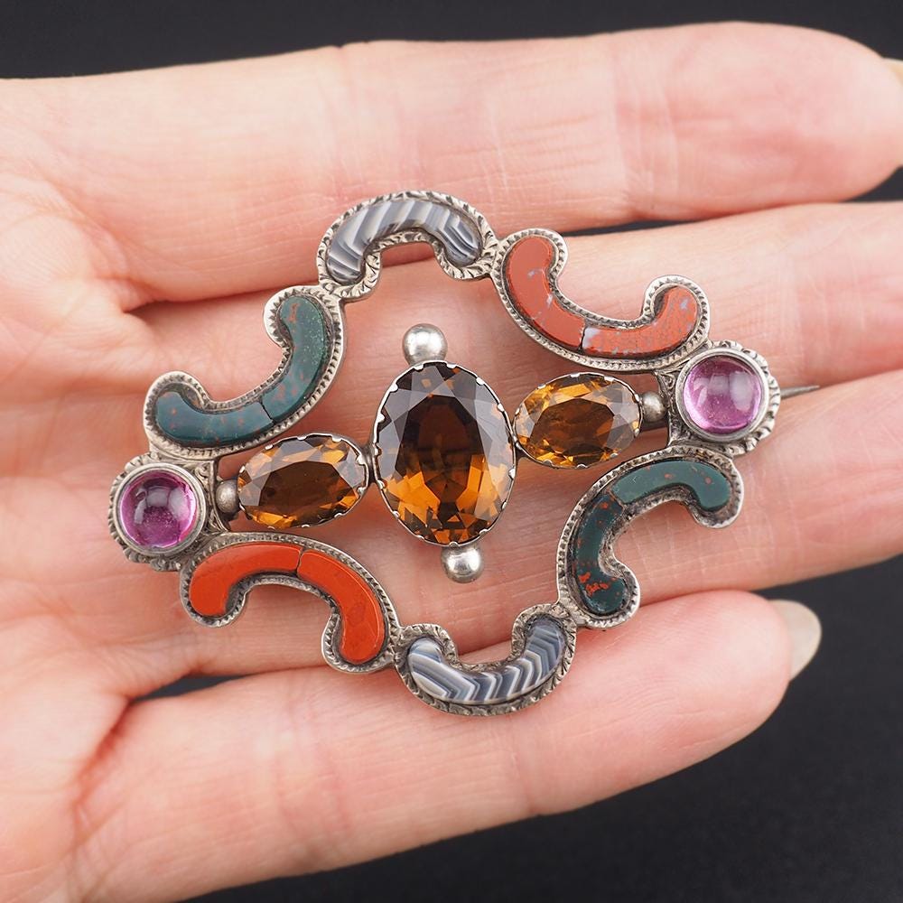 Victorian Scottish Pebble Brooch, Scottish Agate Brooch, Cairngorm Brooch, Amethyst Brooch, Bloodstone Jasper Brooch, Silver Brooch Pendant