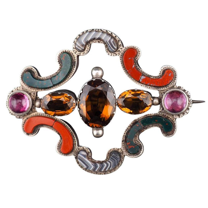Victorian Scottish Pebble Brooch, Scottish Agate Brooch, Cairngorm Brooch, Amethyst Brooch, Bloodstone Jasper Brooch, Silver Brooch Pendant