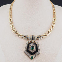 Panetta Rhinestone Necklace, Faux Emerald Necklace, Black Enamel Necklace, Art Deco Revival Necklace, Gold Tone Necklace, Vintage Panetta