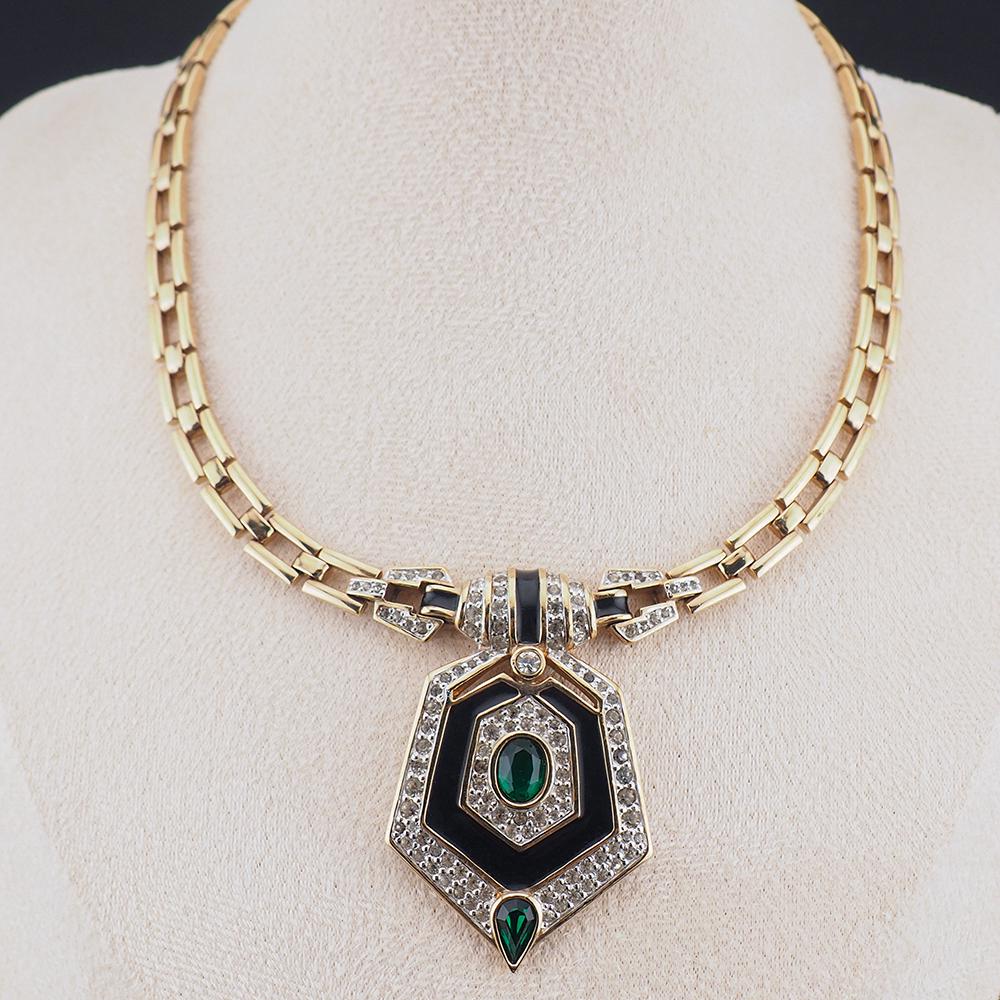 Panetta Rhinestone Necklace, Faux Emerald Necklace, Black Enamel Necklace, Art Deco Revival Necklace, Gold Tone Necklace, Vintage Panetta