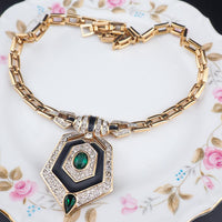 Panetta Rhinestone Necklace, Faux Emerald Necklace, Black Enamel Necklace, Art Deco Revival Necklace, Gold Tone Necklace, Vintage Panetta
