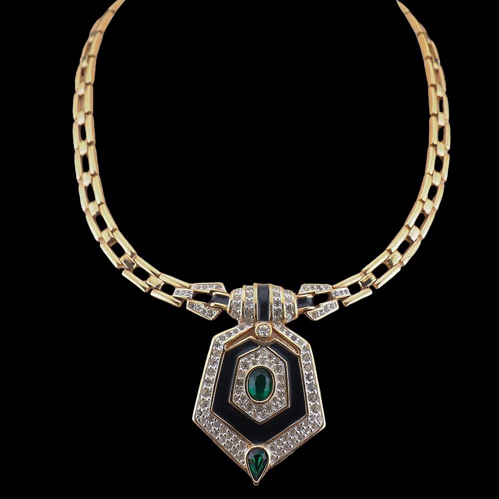 Panetta Rhinestone Necklace, Faux Emerald Necklace, Black Enamel Necklace, Art Deco Revival Necklace, Gold Tone Necklace, Vintage Panetta