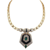 Panetta Rhinestone Necklace, Faux Emerald Necklace, Black Enamel Necklace, Art Deco Revival Necklace, Gold Tone Necklace, Vintage Panetta