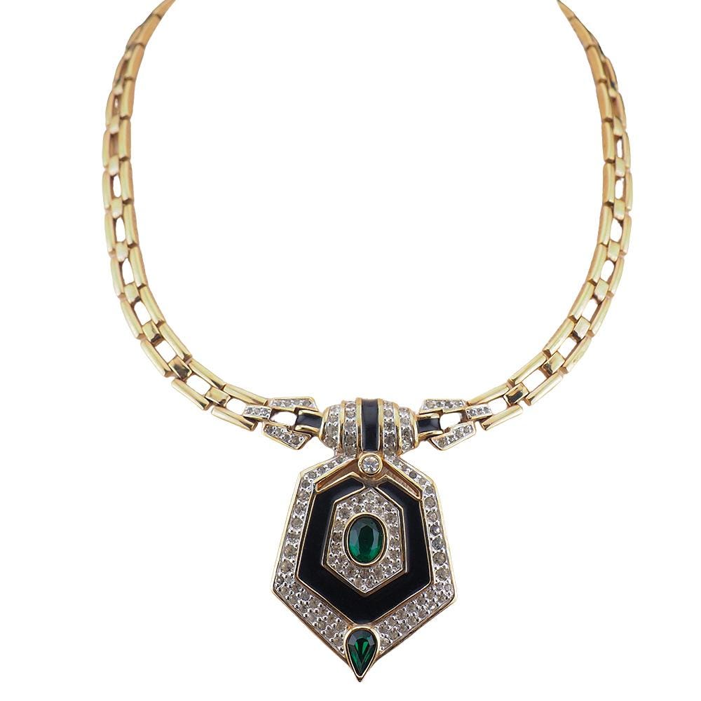 Panetta Rhinestone Necklace, Faux Emerald Necklace, Black Enamel Necklace, Art Deco Revival Necklace, Gold Tone Necklace, Vintage Panetta