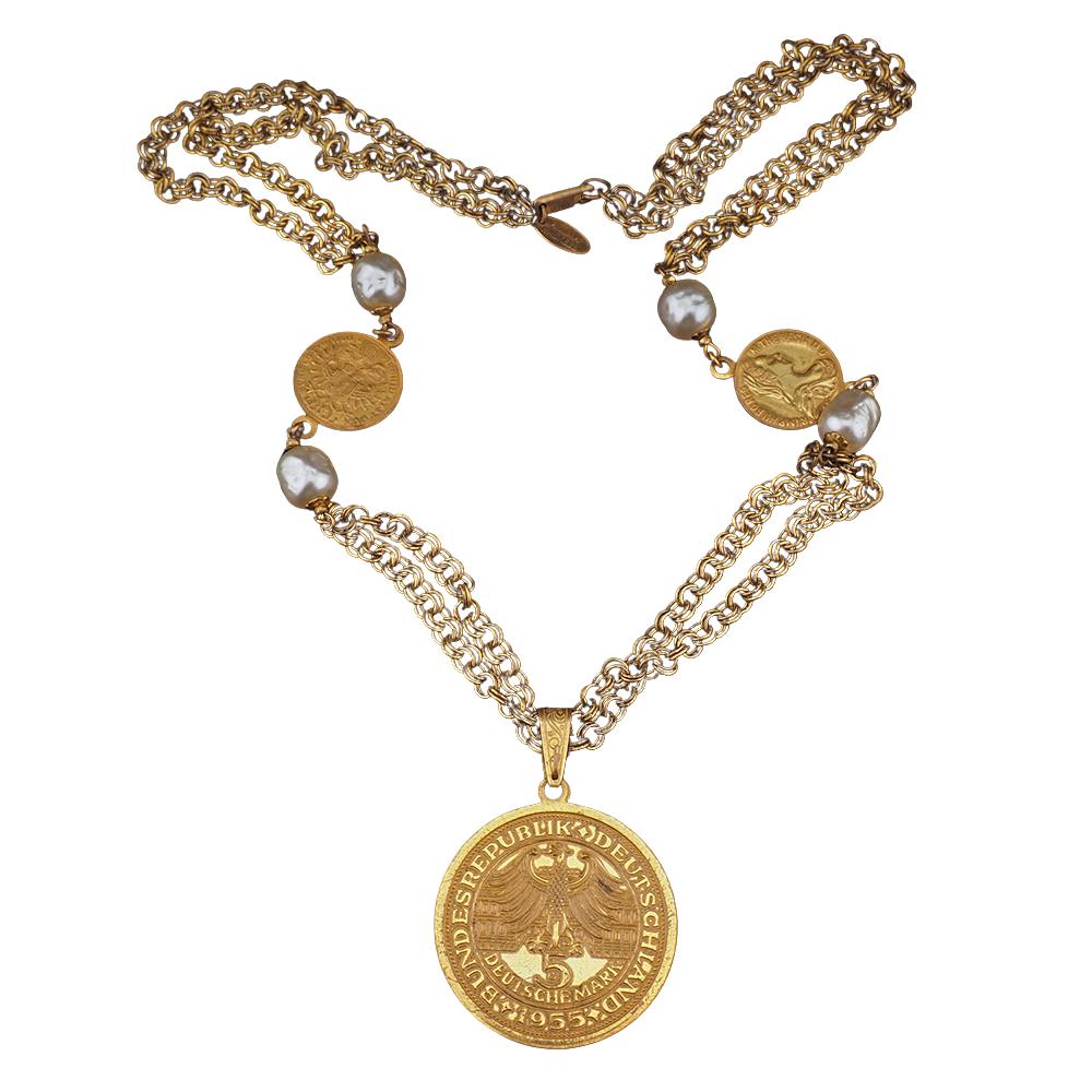 Miriam Haskell Coin Necklace, Vintage Necklace, Long Necklace, Coin Medallion Necklace, Gold Tone Chain Necklace, Signed Haskell necklace