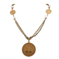Miriam Haskell Coin Necklace, Vintage Necklace, Long Necklace, Coin Medallion Necklace, Gold Tone Chain Necklace, Signed Haskell necklace