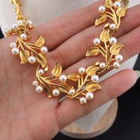 Napier Gold Tone Leaf And Faux Pearl Necklace, Textured Botanical Collar, Sculptural Vine Link Necklace, Vintage Napier, Bridal Necklace