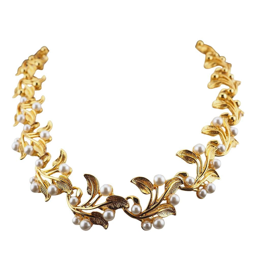 Napier Gold Tone Leaf And Faux Pearl Necklace, Textured Botanical Collar, Sculptural Vine Link Necklace, Vintage Napier, Bridal Necklace