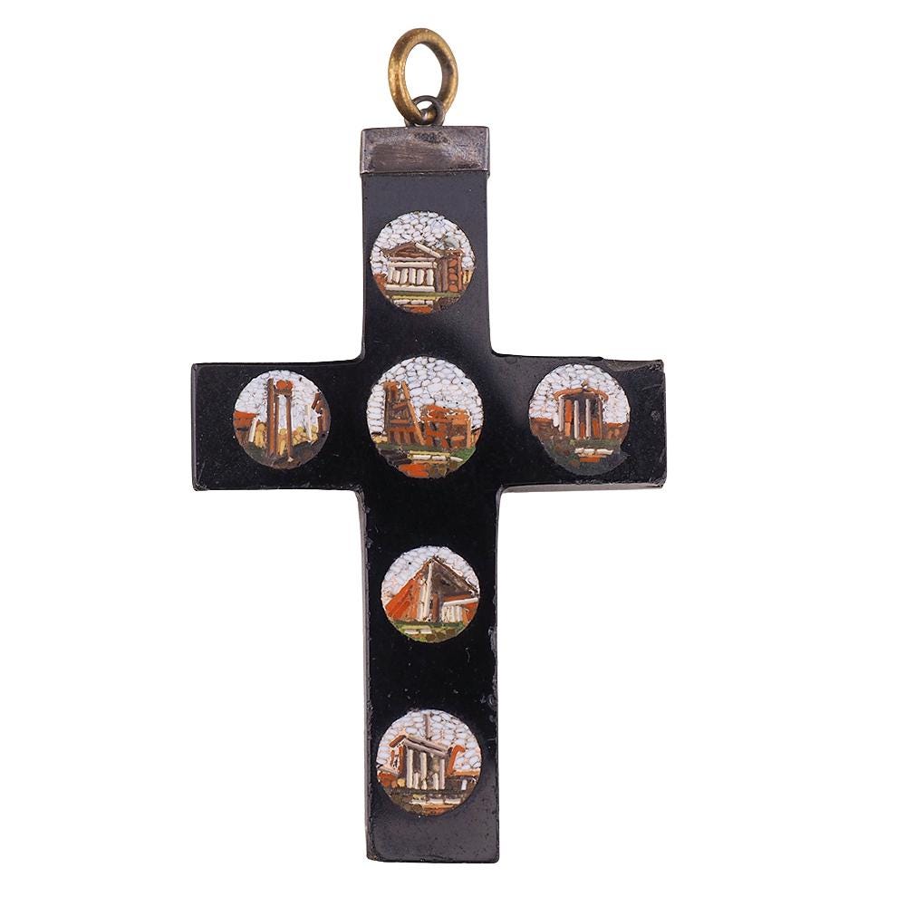 Antique Victorian Grand Tour Micro Mosaic Cross Pendant, Italian Roman Ruins Souvenir Jewelry, Micromosaic Cross, Antique Cross Pendant