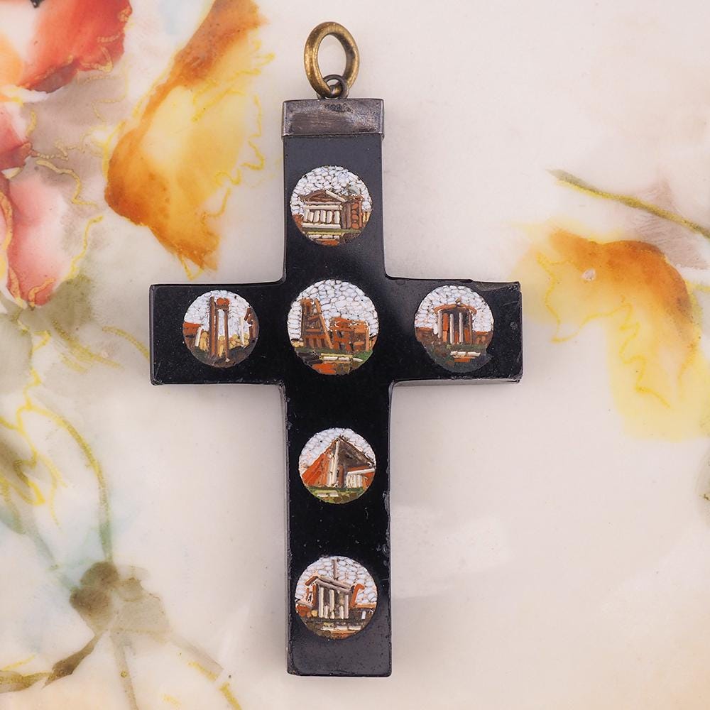 Antique Victorian Grand Tour Micro Mosaic Cross Pendant, Italian Roman Ruins Souvenir Jewelry, Micromosaic Cross, Antique Cross Pendant
