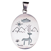 Mexican Sterling Silver Deer Pendant, Vintage Mexico Landscape Pendant, Double Sided Sterling Pendant, Folk Art Nature Jewelry, 925 Pendant