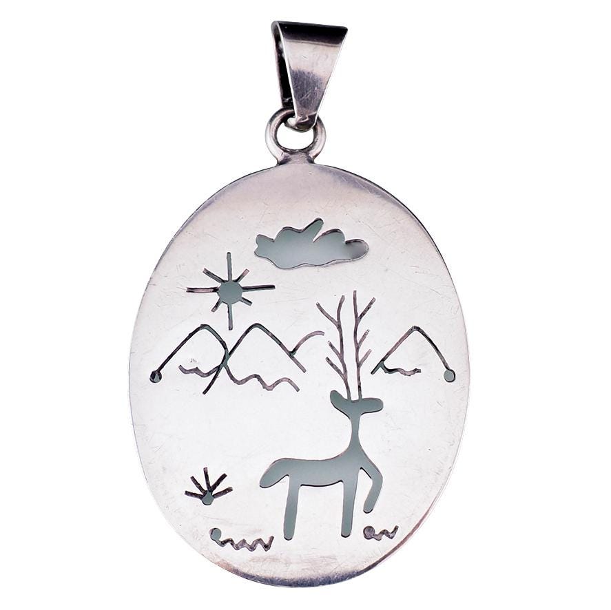 Mexican Sterling Silver Deer Pendant, Vintage Mexico Landscape Pendant, Double Sided Sterling Pendant, Folk Art Nature Jewelry, 925 Pendant