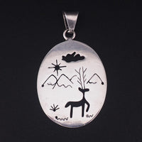 Mexican Sterling Silver Deer Pendant, Vintage Mexico Landscape Pendant, Double Sided Sterling Pendant, Folk Art Nature Jewelry, 925 Pendant