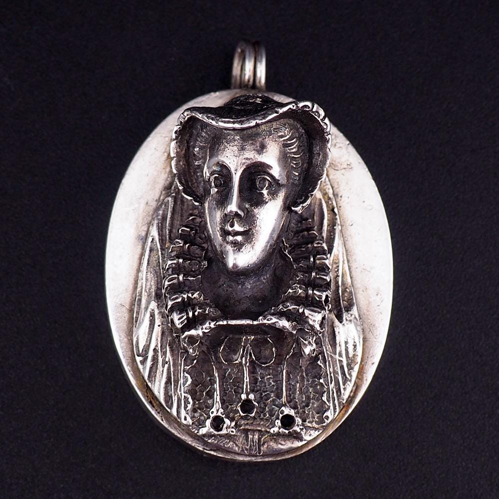 Henryk Winograd Mary Queen of Scots Sterling Silver Oval Portrait Pendant, 999 Silver, High Relief Repoussé, Silver Pendant, PENDANT ONLY