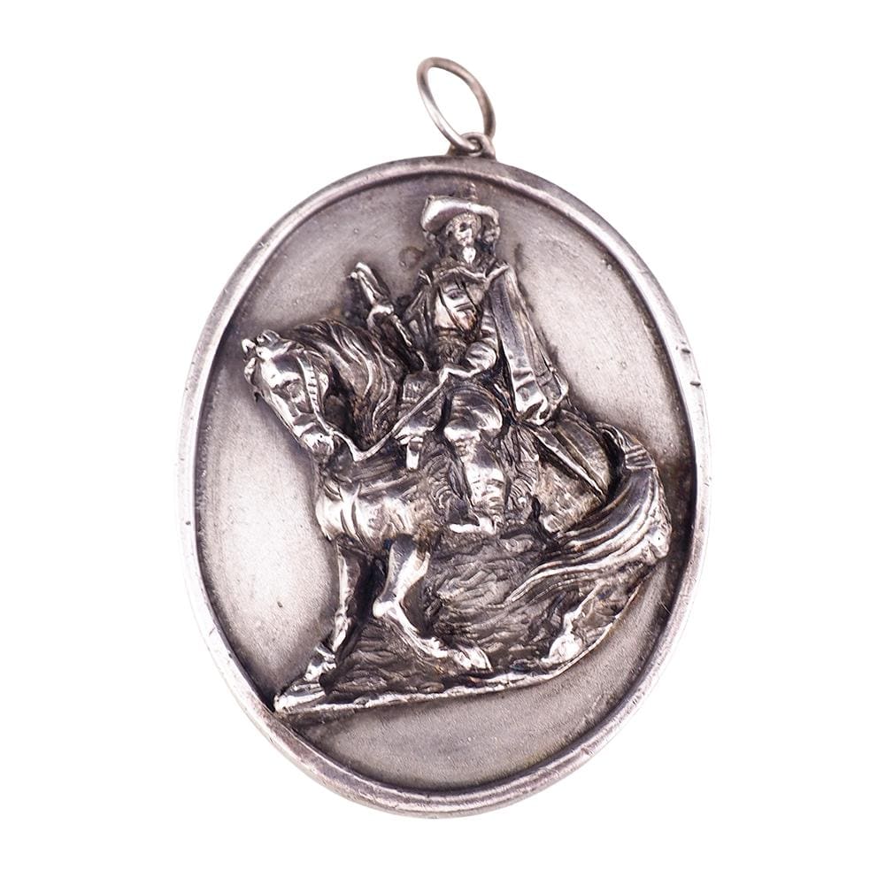 Henryk Winograd Cavalier Horseman, Silver Oval Portrait Pendant, High Relief Repoussé, Silver Pendant, Large Vintage Pendant, Equestrian