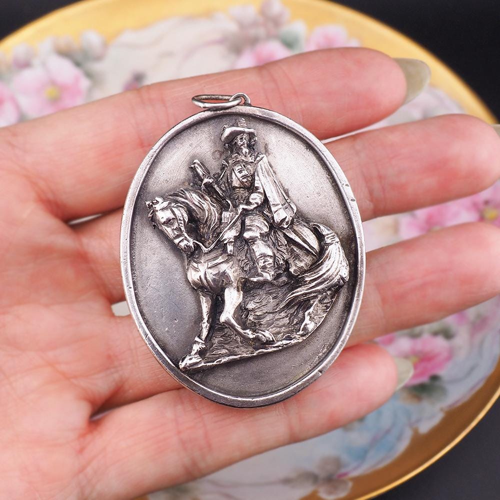 Henryk Winograd Cavalier Horseman, Silver Oval Portrait Pendant, High Relief Repoussé, Silver Pendant, Large Vintage Pendant, Equestrian