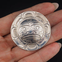 Northwest Coast Sterling Silver Brooch Pendant, Moon Face Design, Canadian First Nations Jewelry, Large Pendant, Artist Signed