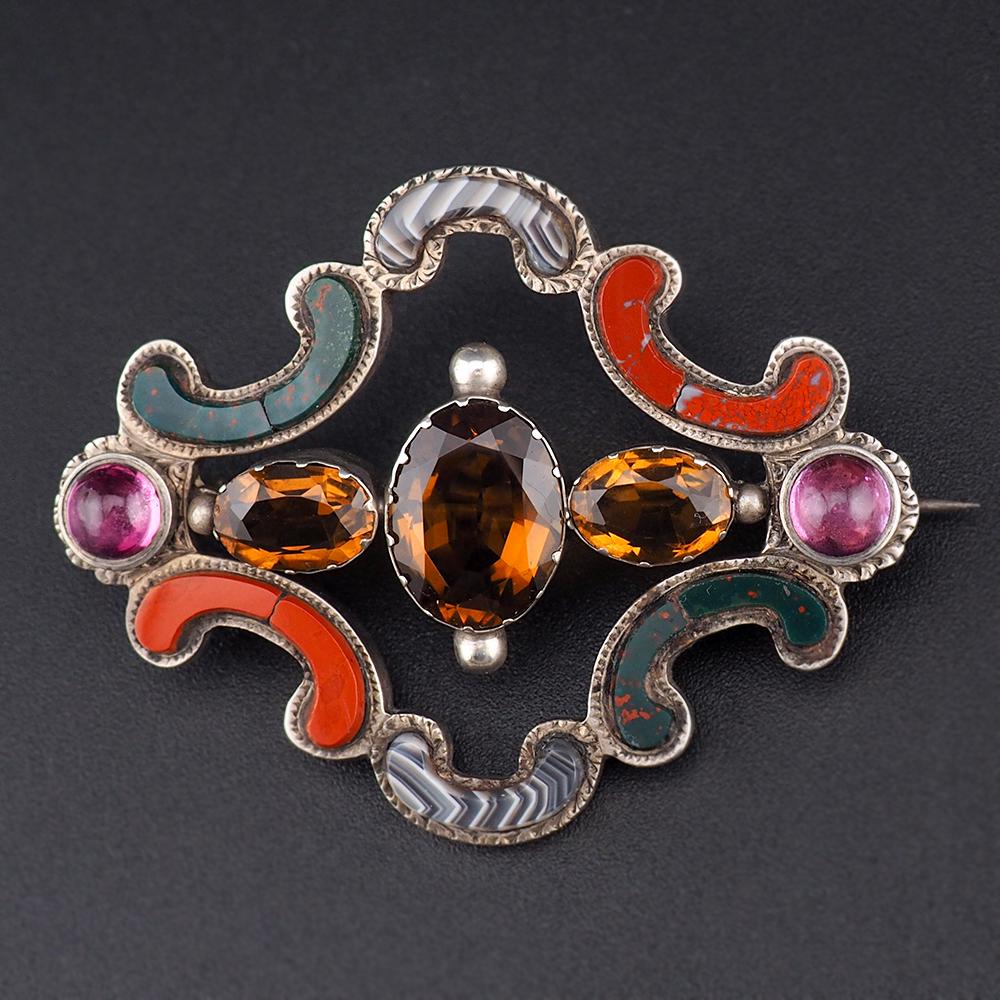 Victorian Scottish Pebble Brooch, Scottish Agate Brooch, Cairngorm Brooch, Amethyst Brooch, Bloodstone Jasper Brooch, Silver Brooch Pendant