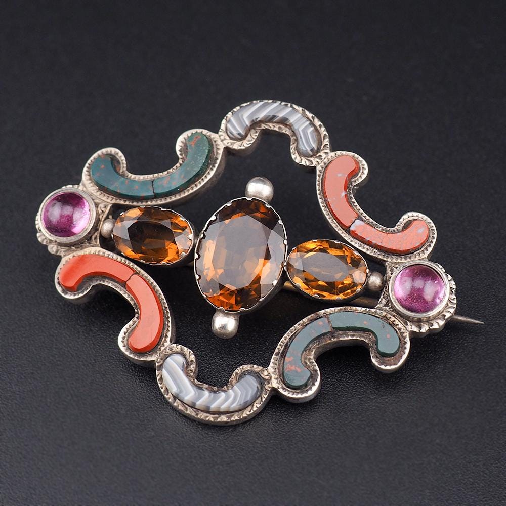 Victorian Scottish Pebble Brooch, Scottish Agate Brooch, Cairngorm Brooch, Amethyst Brooch, Bloodstone Jasper Brooch, Silver Brooch Pendant